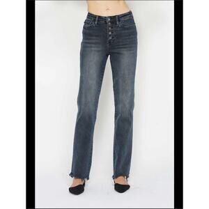 Judy Blue high-rise button-fly straight leg jeans with a raw hem